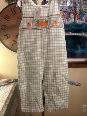 Green Plaid Smocked Pumpkin-Embroidered Kids Overalls